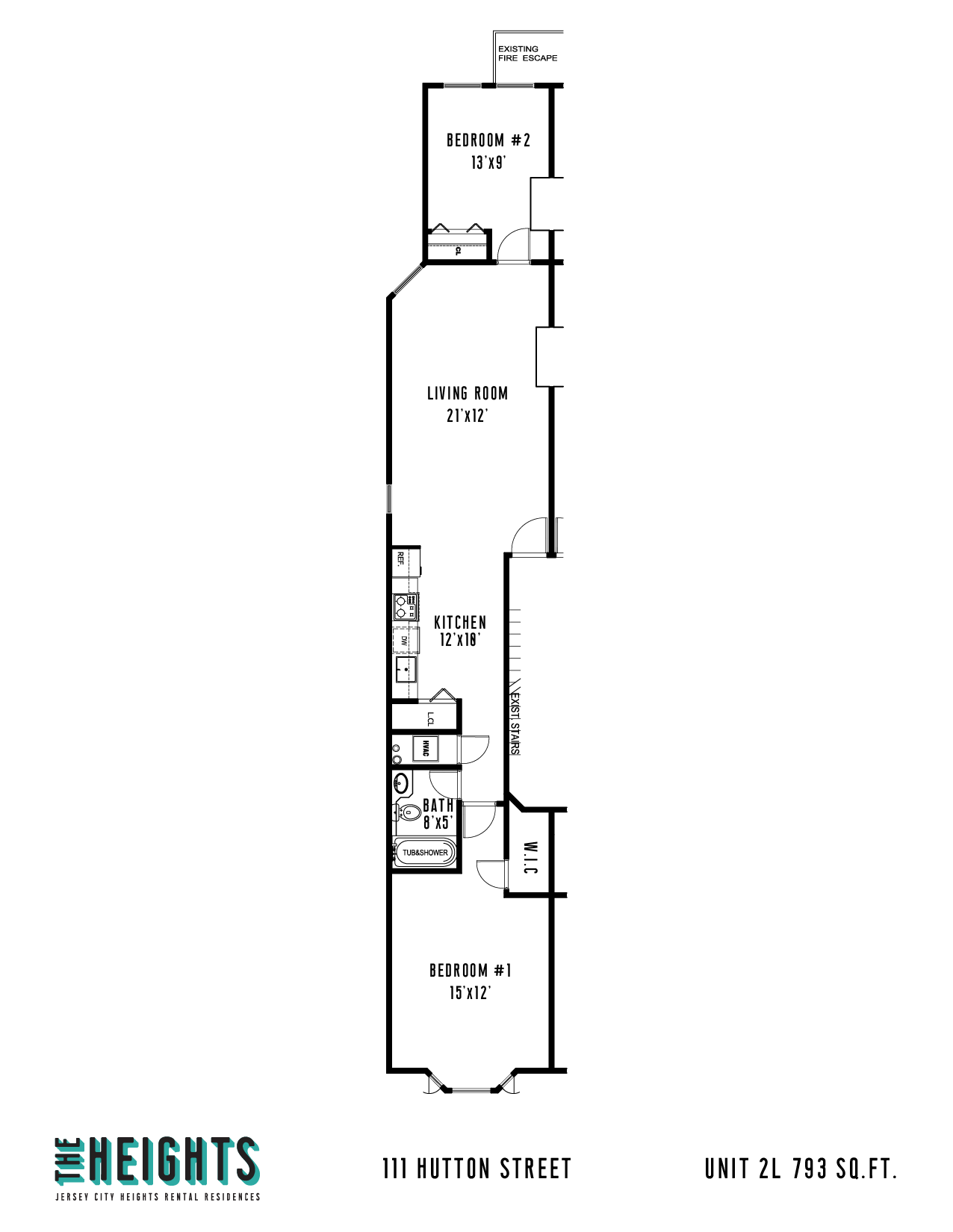 Floor plan for 2 beds, 1 bath, 793 sqft